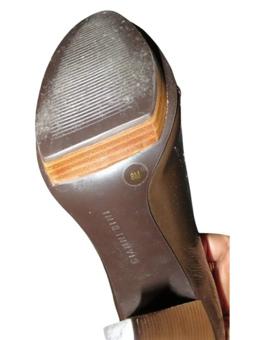 Gianni Bini Midtown Hershey Brown Italian Patent Leather Pumps Wood Stacked Heel